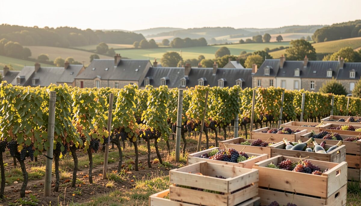 Champagne vineyard rows above a village of slate roofs, wooden crates of grapes at harvest, September light