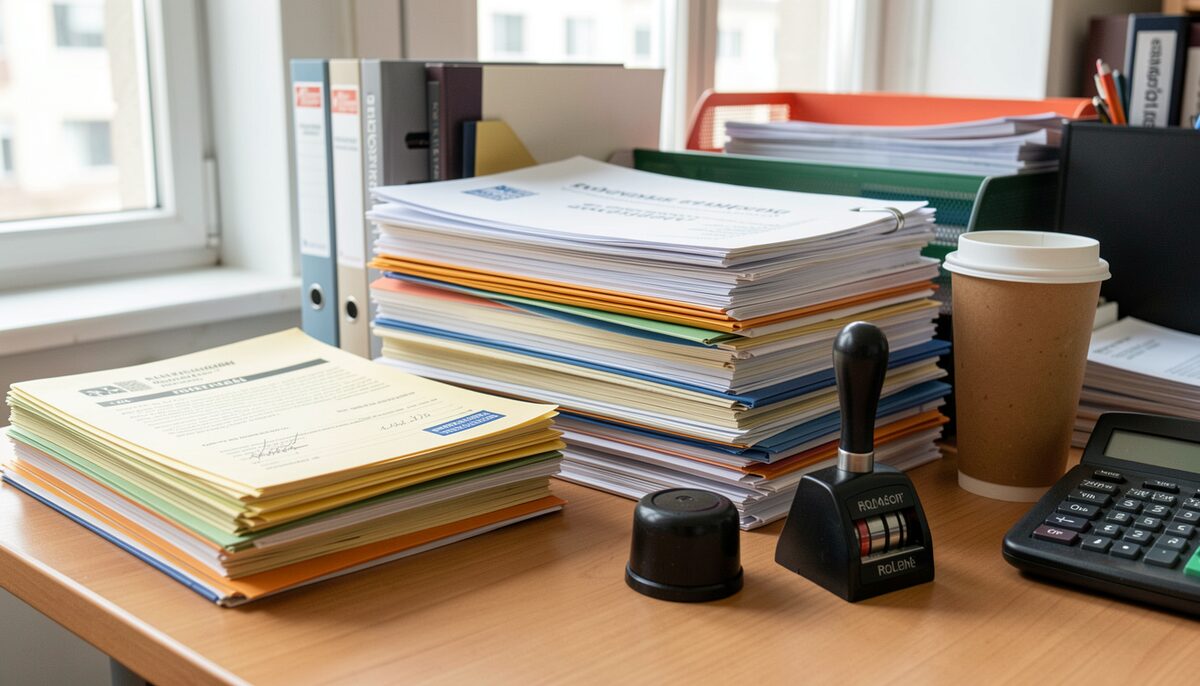 A mid-1990s European office inbox stacked high with trade mark application folders, a rubber date stamp, a Rolodex and a paper coffee cup