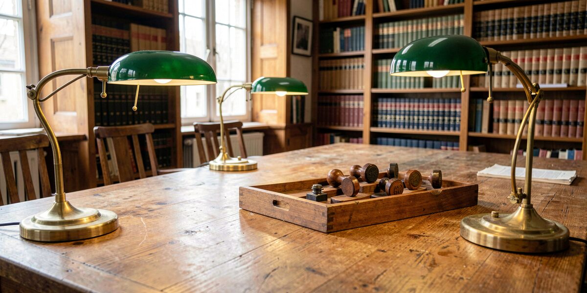 The assay office's reading room: long oak tables, bound volumes of the official journal, a brass lamp and a tray of seal punches