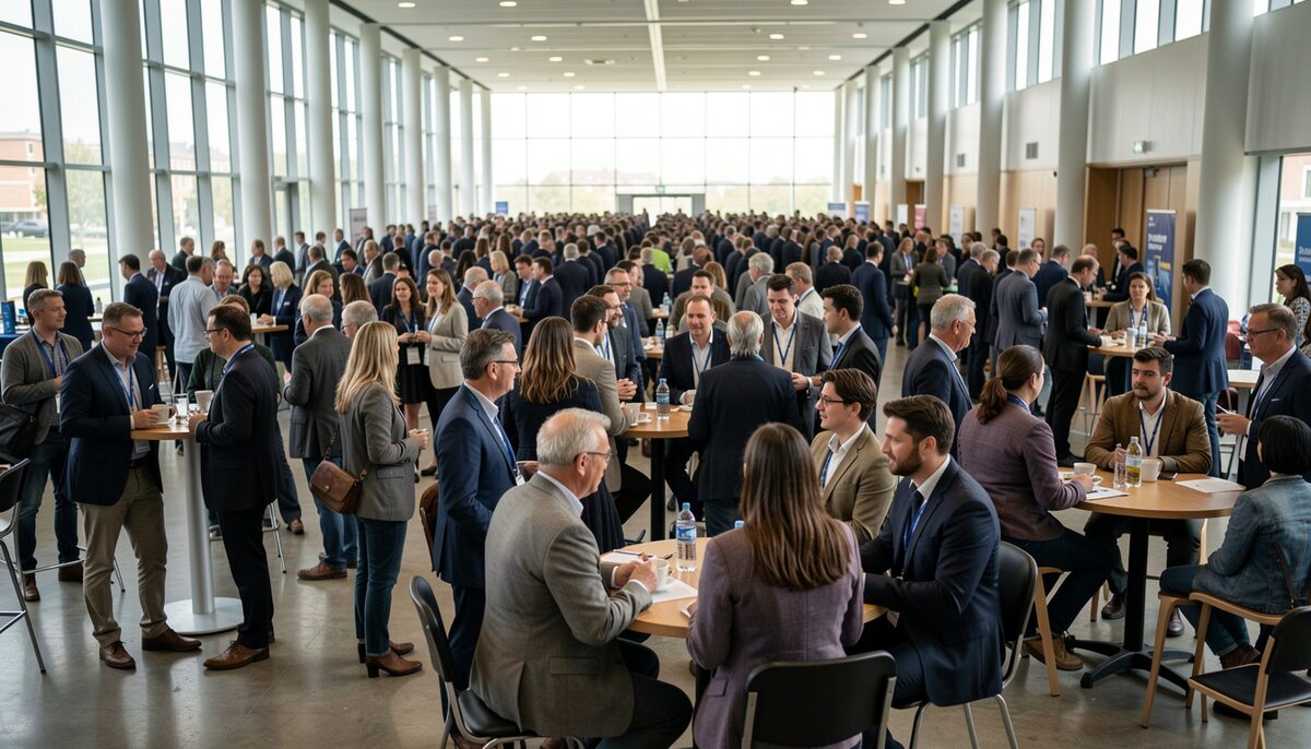 A vast convention centre hall during a coffee break, thousands of attendees with badge lanyards talking in groups