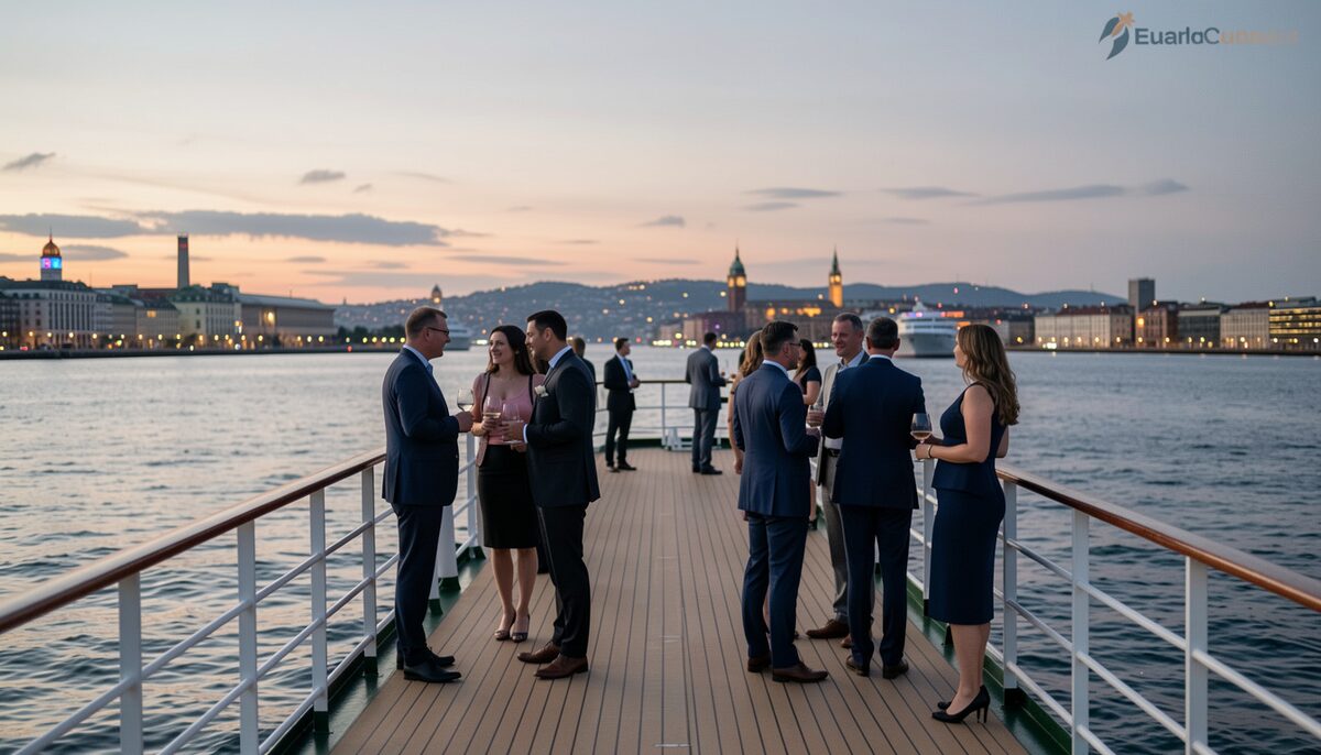 The deck of a harbour cruise boat at dusk, guests in business dress talking by the rail, city lights behind
