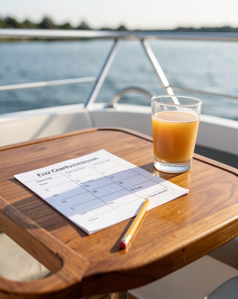The deck of a harbour cruise boat at dusk, guests in business dress talking by the rail, city lights behind