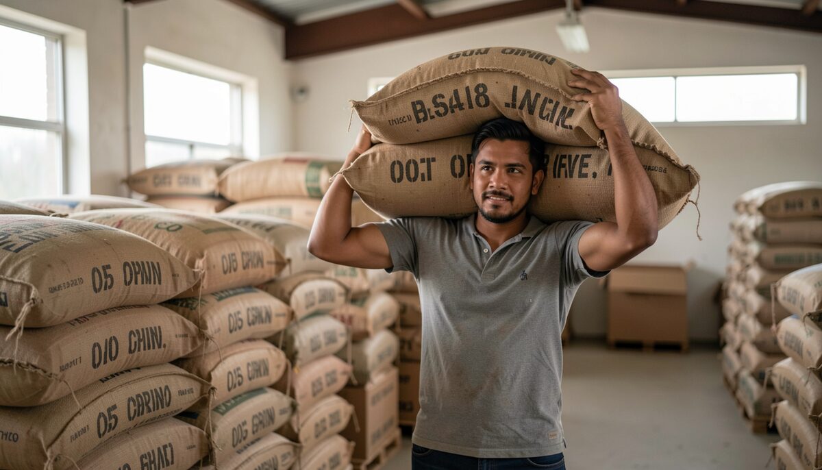Coffee sacks in a cooperative warehouse with stenciled origin marks, a worker lifting one sack on his shoulder