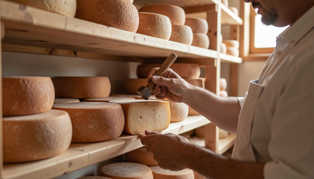 A wheel of Parmigiano Reggiano with the pin-dot stenciled name around the rind, on a wooden market counter