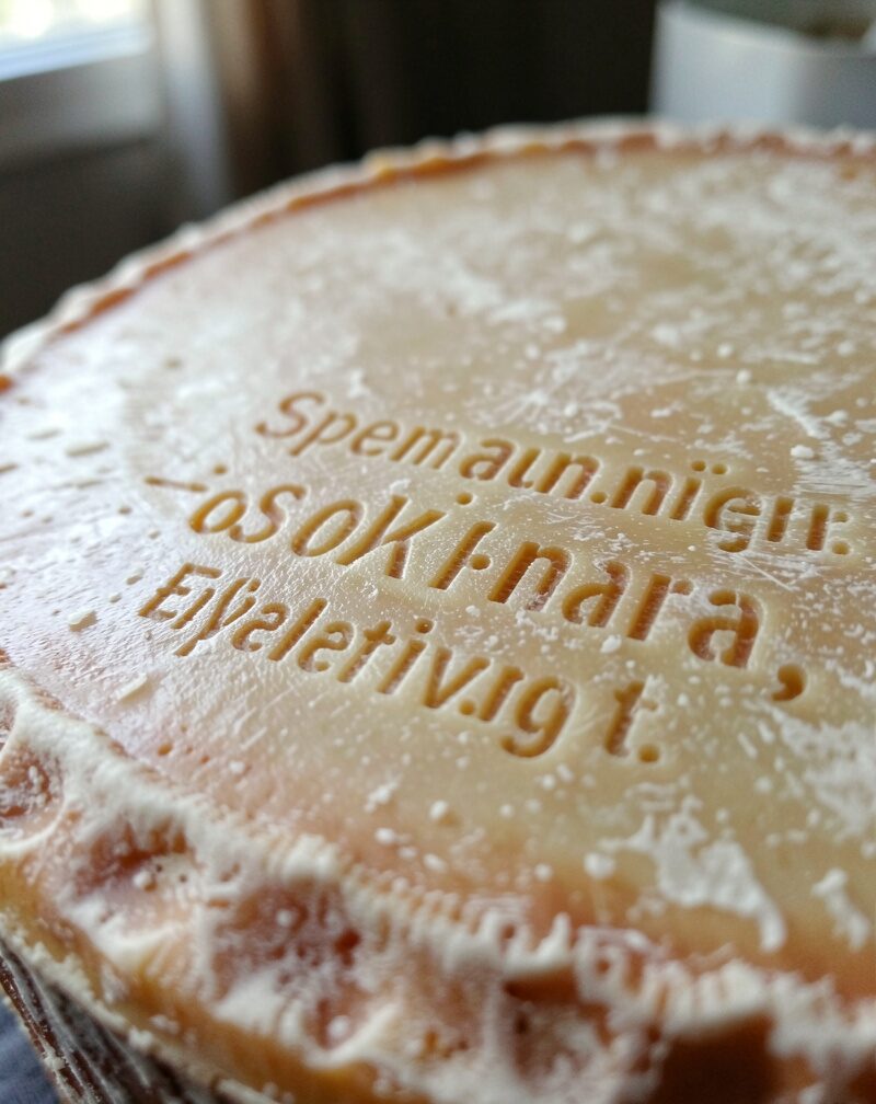A wheel of Parmigiano Reggiano with the pin-dot stenciled name around the rind, on a wooden market counter