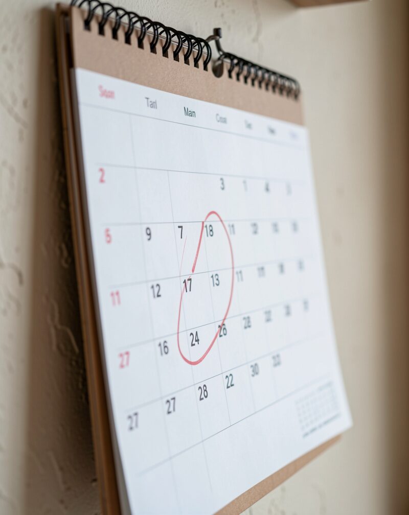 A hearing room table with two files facing each other, a wall calendar open on a marked date